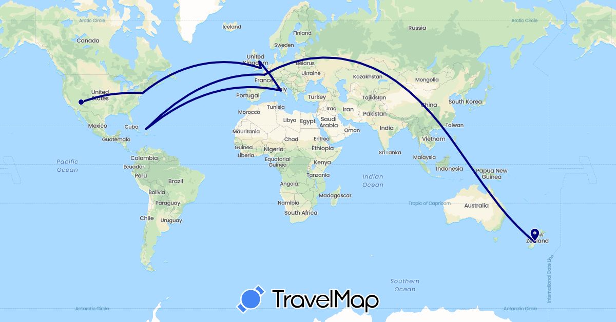 TravelMap itinerary: driving in France, United Kingdom, Italy, New Zealand, Turks and Caicos Islands, United States (Europe, North America, Oceania)